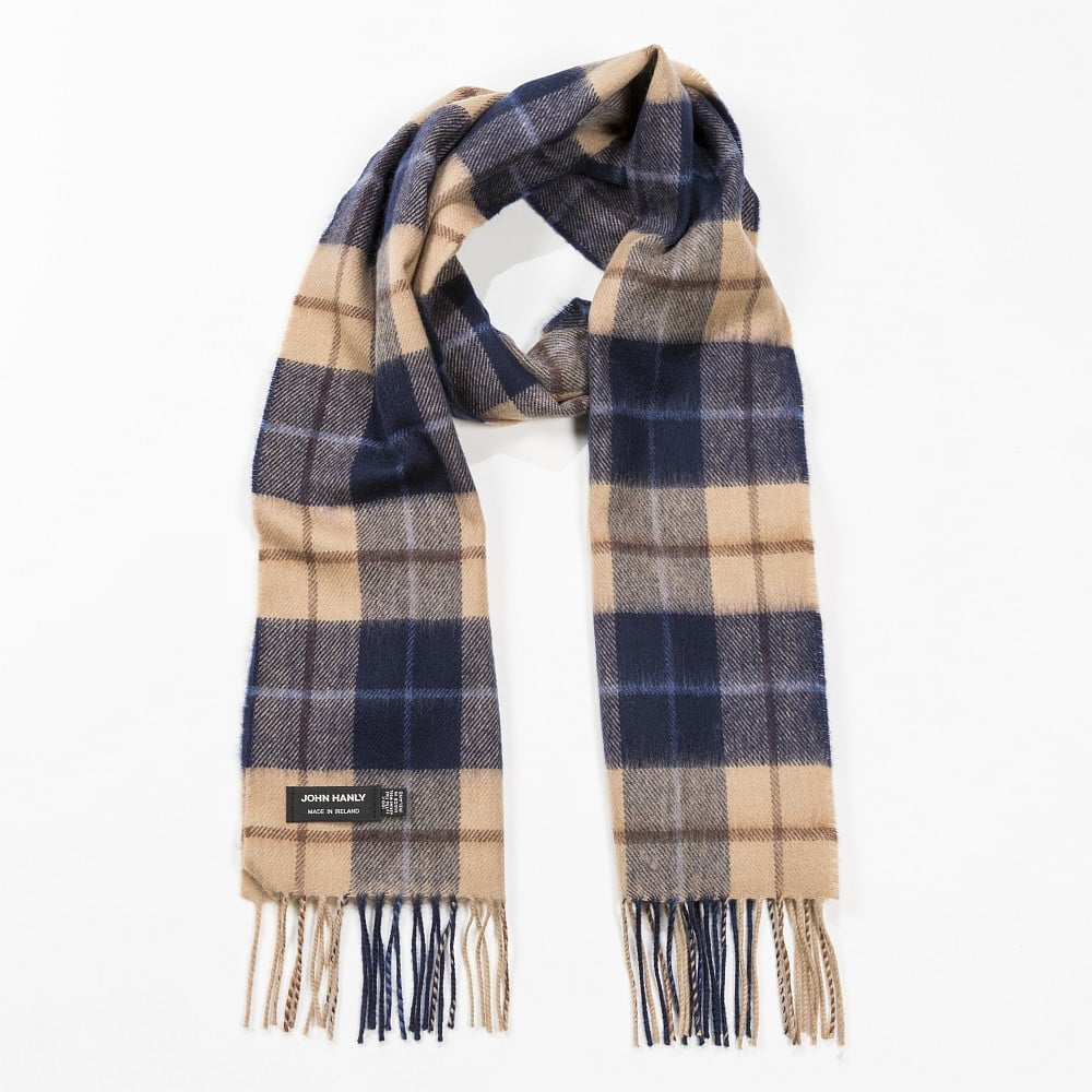 Merino Luxury Wool Scarf Navy Beige Brown Check