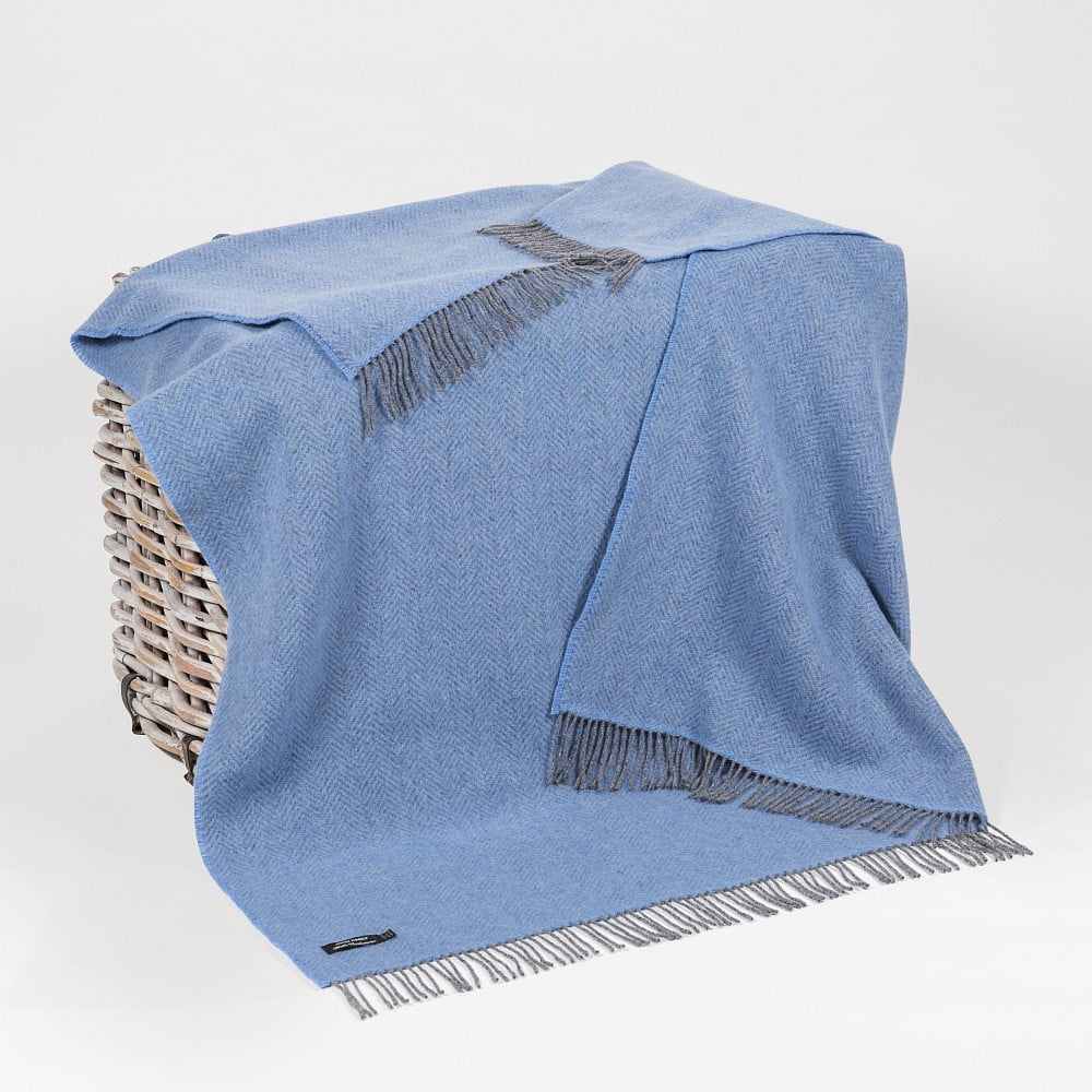 Cashmere Throw Grey Blue Herringbone