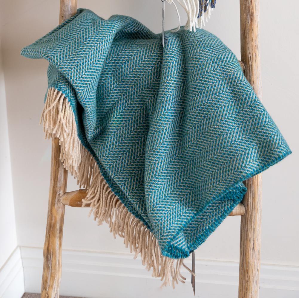 Cashmere Throw Green Aqua Herringbone