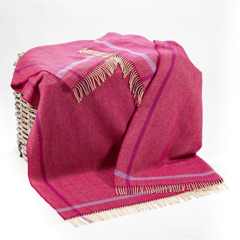 Cashmere Throw Raspberry Cream Purple Herringbone