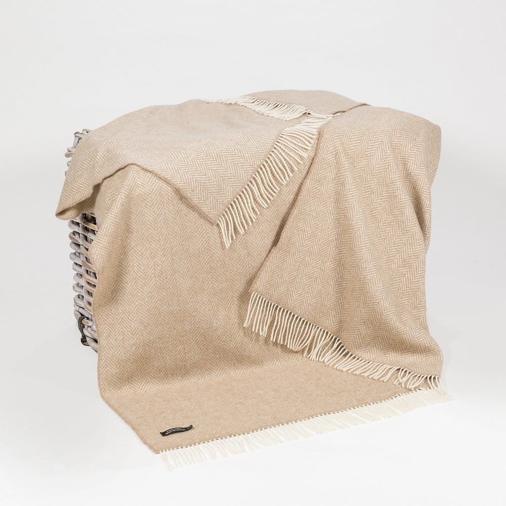Cashmere Throw Beige Herringbone