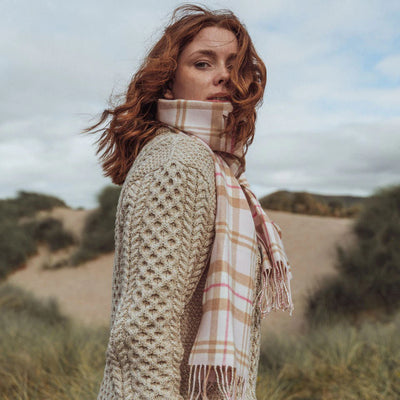 Merino Luxury Wool Scarf Baby Pink White Check