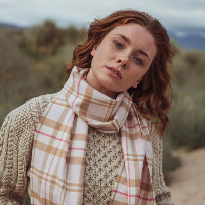 Merino Luxury Wool Scarf Baby Pink White Check