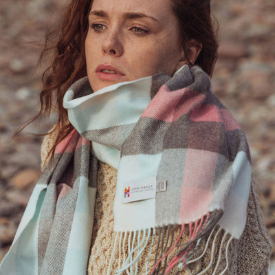 Merino Luxury Wool Scarf Aqua Grey Cream & Pink