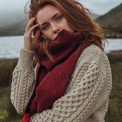 Irish Cashmere Merino Scarf Red Burgundy Herringbone