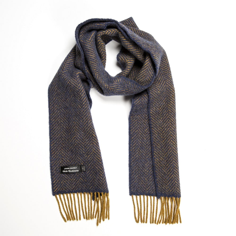 Irish Cashmere Merino Scarf Navy & Mustard Herringbone