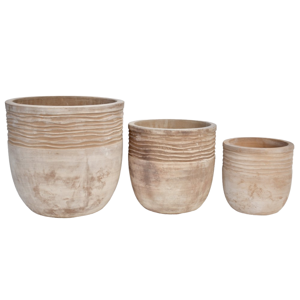 Round Terracotta planters with line pattern
