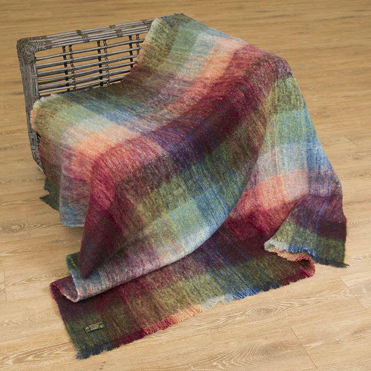 Mohair Throw Cream, Pale Blue, Pale Green & Grey Mix Block Check